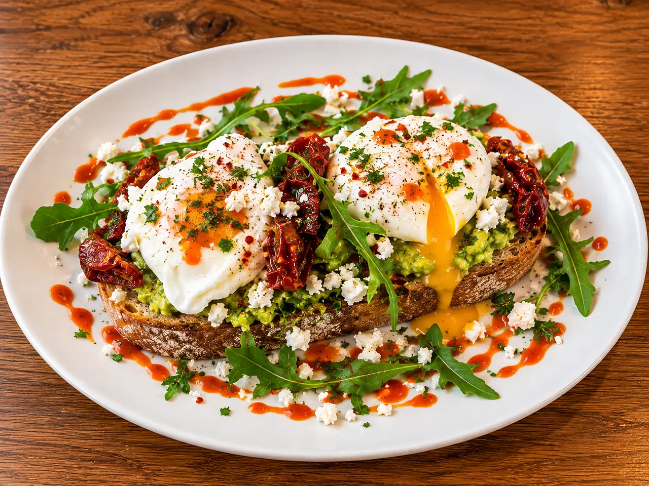Poached eggs on smashed avocado sourdough with feta and sriracha