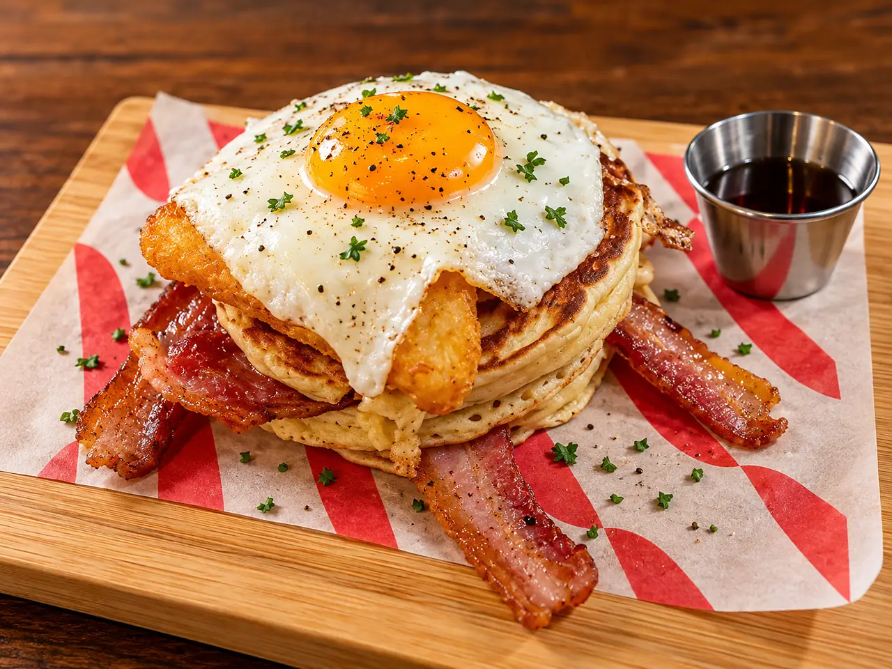 Pancakes stacked with fried egg, streaky bacon and maple syrup